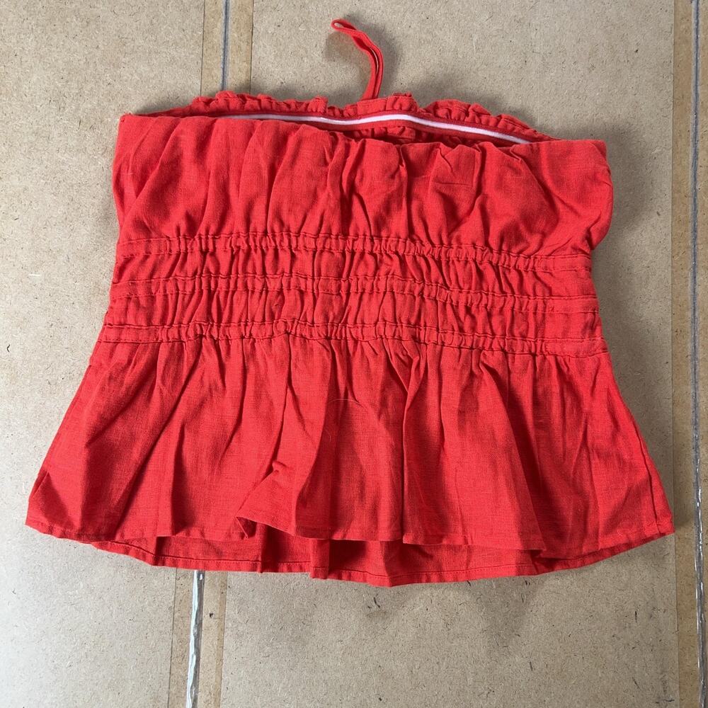 Tank Cropped Womens S Red Square Neck Ruffle Strap Elastic Waist Summer - Picture 5 of 6